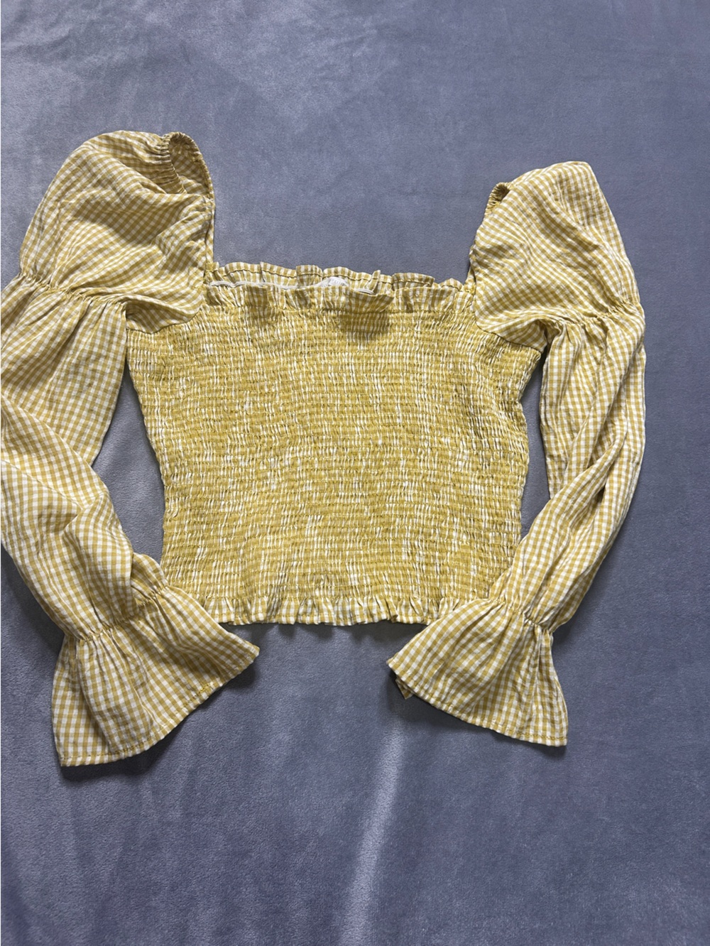 Urban Outfitters Yellow Gingham Smocked Puff Sleeve Crop Top